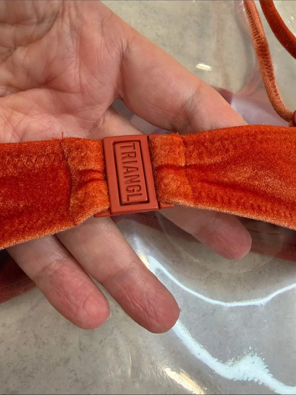 TRIANGLE SWIMWEAR RUST ORANGE VELVET CROP BIKINI SWIMSUIT TOP SMALL+. BOTTOM XS